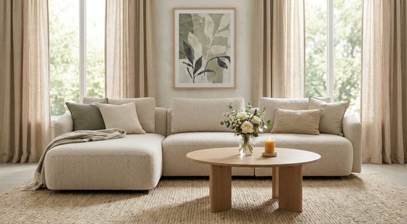 Milano 5-sits Rundad Vänstervänd L-soffa med Låg Rygg i Beige Boucle - Products - Möbler - Soffa - Divansoffa & schäslongsoffa