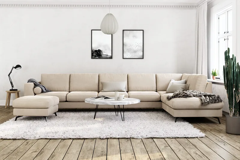 Ocean Lyx 6-sits Högervänd U-formad Soffa med Divan och Schäslong + Fotpall i Sammet - Beige - Products - Möbler - Soffa - U-soffa