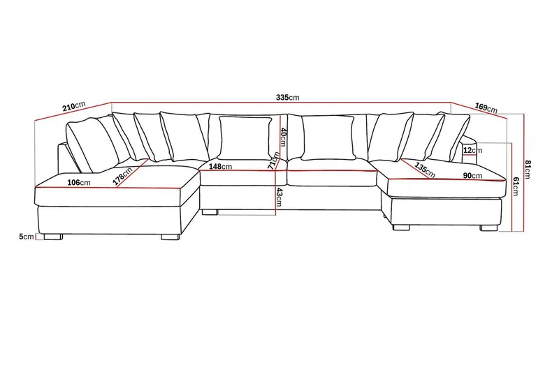 Rossita 5-sits Vänstervänd U-formad Djup Soffa med Divan och Schäslong i Tyg - Brun - Products - Möbler - Soffa - U-soffa