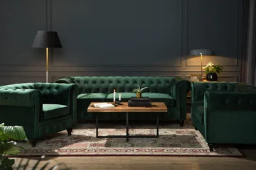 Chesterfield Lyx Soffgrupp 2-sits+Fåtölj Sammet - Mörkgrön - Products - Möbler - Soffa - Soffgrupp - Chesterfield soffgrupp