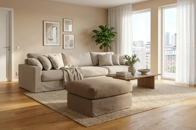Valencia Extra Djup 5-sits soffa + fotpall med avtagbar och tvättbar klädsel - Ljusbrun - Products - Möbler - Soffa