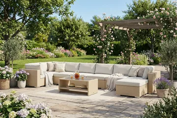 Bahamas U-formad utomhus loungegrupp 8-sits med vändbar divan och bord med hylla - Beige - Products - Utemöbler & utemiljö - Loungemöbler - Loungeset & loungegrupp