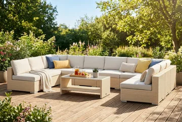 Bahamas U-formad utomhus loungegrupp med öppet avslut, 9-sits med bord - Beige - Products - Utemöbler & utemiljö - Loungemöbler - Loungeset & loungegrupp
