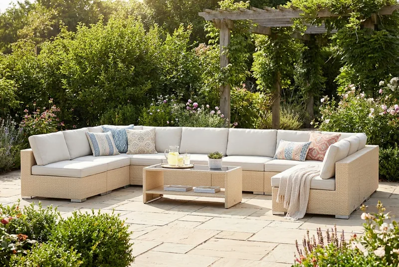 Bahamas U-formad utomhus loungegrupp med öppet avslut, 9-sits med bord och hylla - Beige - Products - Utemöbler & utemiljö - Loungemöbler - Loungeset & loungegrupp