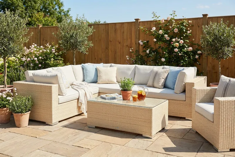 Bahamas utomhus L-soffa vänster 7-sits med fåtölj och bord med hylla - Beige - Products - Utemöbler & utemiljö - Loungemöbler - Loungeset & loungegrupp
