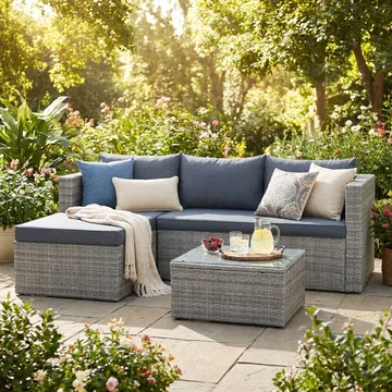 Mendoza l-formad 4-sits soffgrupp i konstrotting för altan och terrass - Grå / Blåa dynor - Products - Utemöbler & utemiljö - Loungemöbler - Loungeset & loungegrupp