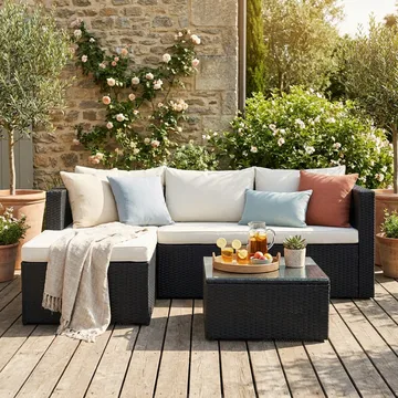 Mendoza l-formad 4-sits soffgrupp i konstrotting för altan och terrass - Svart / Vita dynor - Products - Utemöbler & utemiljö - Loungemöbler - Loungeset & loungegrupp