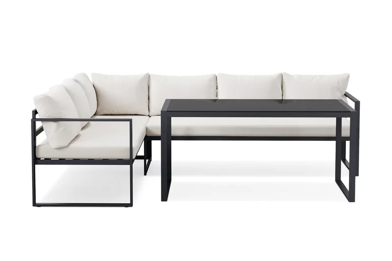 Silvia Loungegrupp i metall utomhus med soffbord med glasskiva och soffa med vita dynor, Svart