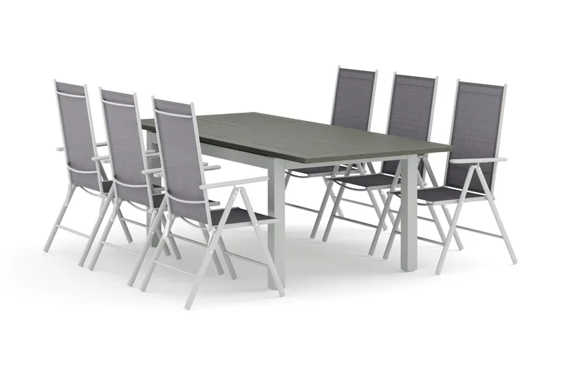 Monaco utomhus matgrupp förlängningsbart 150-250x90 med 6 Maggie positionsstolar, Vit/Grå