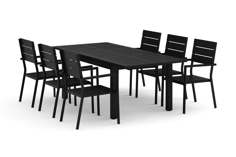 Monaco utomhus matgrupp förlängningsbart 150-250x90 med 6 Tunis stapelstolar, Svart/Grå