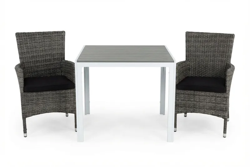 Tunis Cafégrupp 90x90 + 2 Thor Fåtölj m Dyna, Vit/Grå/Svart