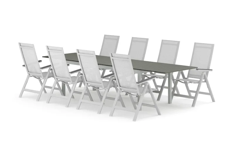 Tunis utomhus matgrupp förlängningsbart 205/305x90 cm med 8 Monaco Light positionsstolar, Vit/Grå