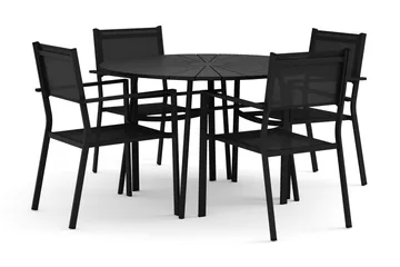 Tunis utomhus rund matgrupp 120 cm med 4 Tunis stapelstolar, Svart/Svart